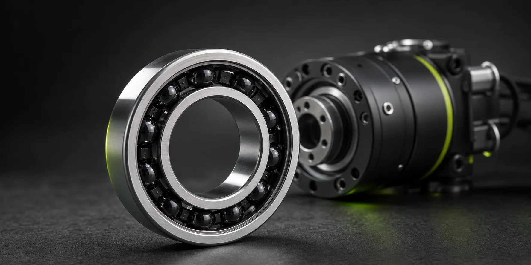 Ceramic hybrid ball bearing with dark silicon nitride balls beside a compact robotic joint.